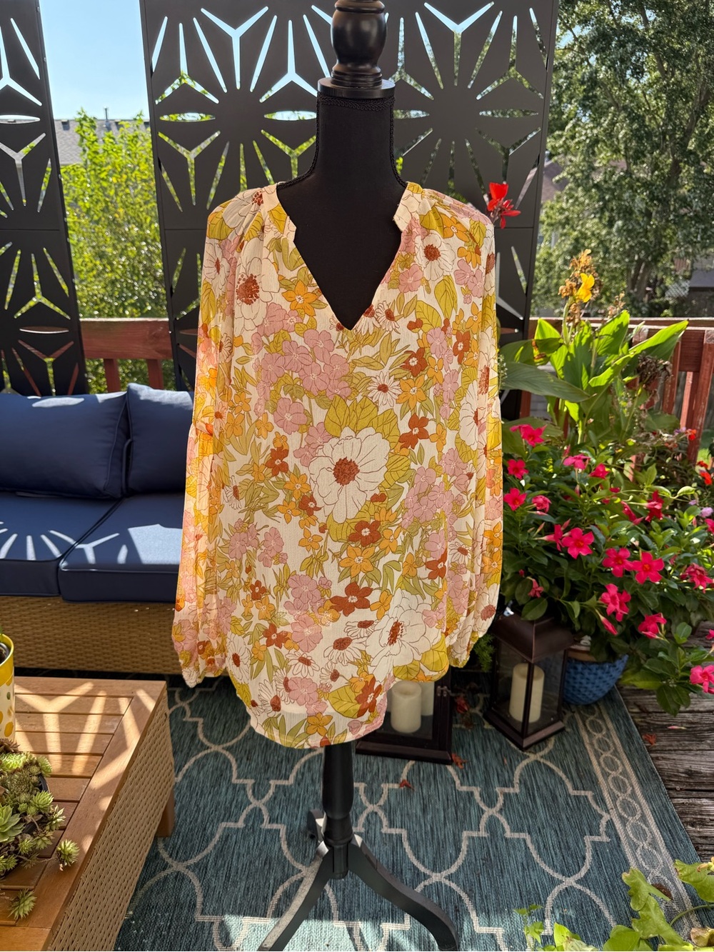 Floral V-Neck Long-Sleeve Blouse - Pink, Mustard & White